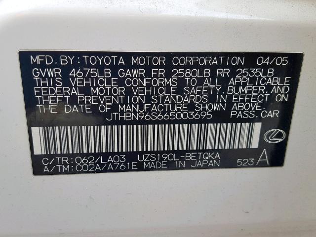 JTHBN96S665003695 - 2006 LEXUS GS GENERAT WHITE photo 10