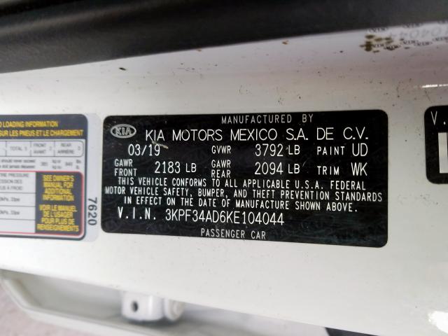 3KPF34AD6KE104044 - 2019 KIA FORTE GT LINE  photo 10