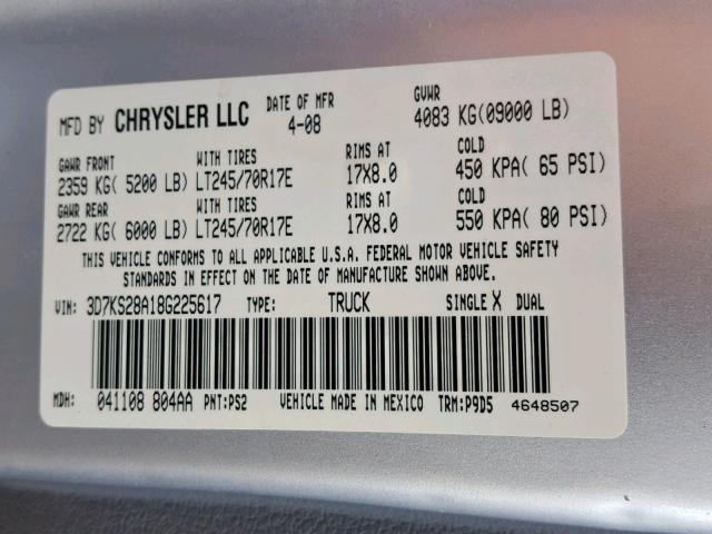 3D7KS28A18G225617 - 2008 DODGE RAM 2500 S ვერცხლისფერი ფოტო 10