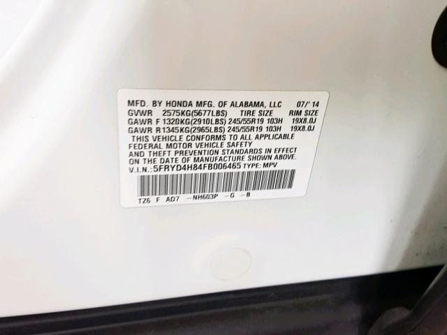 5FRYD4H84FB006465 - 2015 ACURA MDX ADVANC WHITE photo 10