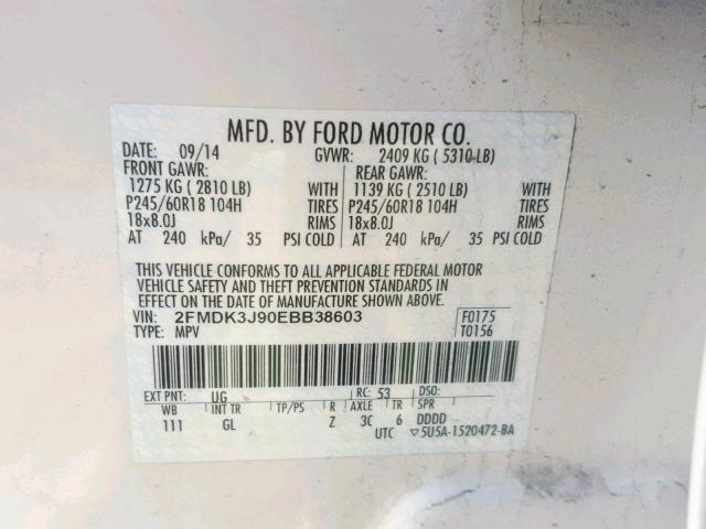 2FMDK3J90EBB38603 - 2014 FORD EDGE SEL WHITE photo 10