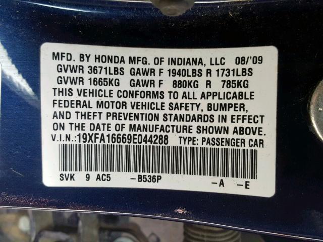19XFA16669E044288 - 2009 HONDA CIVIC LX-S 蓝色 照片 10