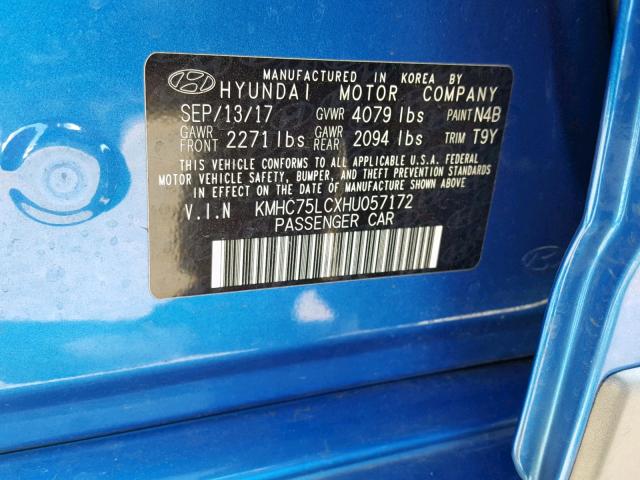 KMHC75LCXHU057172 - 2017 HYUNDAI IONIQ SEL BLUE photo 10