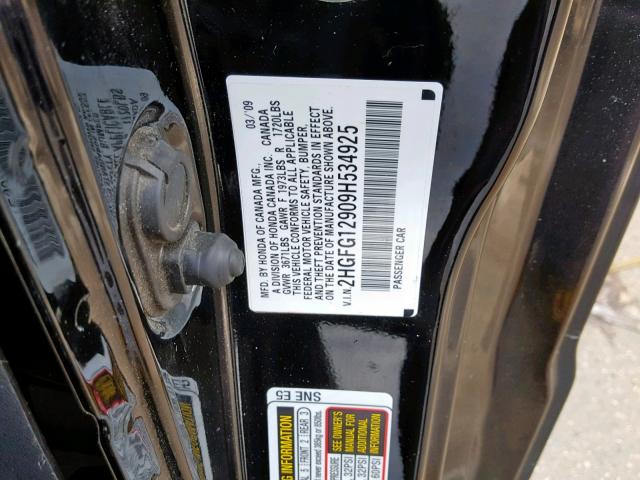 2HGFG12909H534925 - 2009 HONDA CIVIC EXL BLACK photo 10