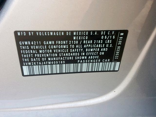 3VW2K7AJ4FM409169 - 2015 VOLKSWAGEN JETTA BASE SILVER photo 10