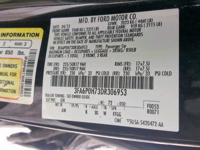 3FA6P0H73DR306953 - 2013 FORD FUSION SE BLACK photo 10