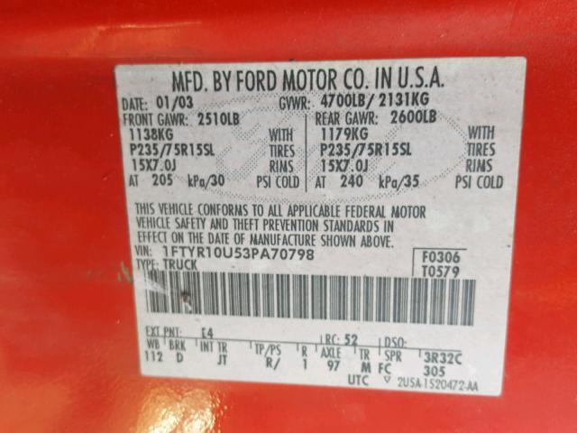 1FTYR10U53PA70798 - 2003 FORD RANGER RED photo 10
