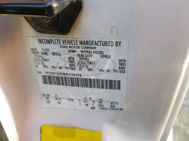 1FDSF30536EC12175 - 2006 FORD F350 SRW S WHITE photo 10