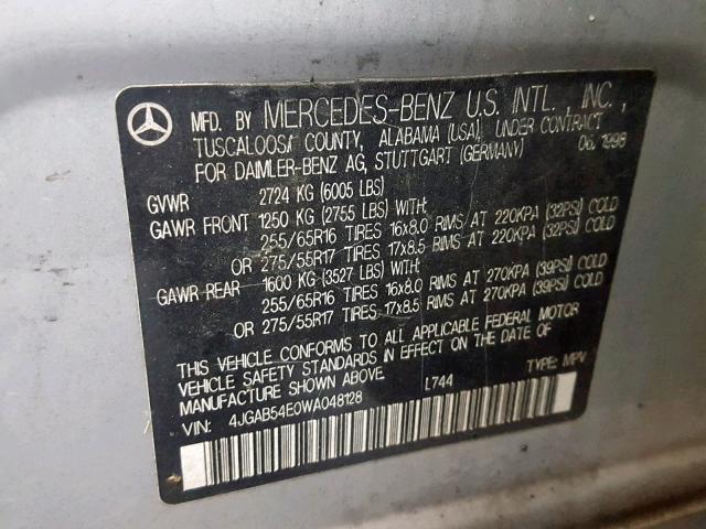 4JGAB54E0WA048128 - 1998 MERCEDES-BENZ ML 320 SILVER photo 10