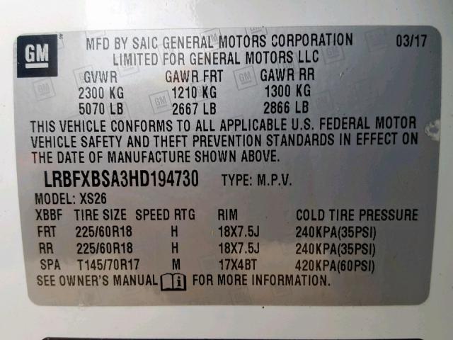 LRBFXBSA3HD194730 - 2017 BUICK ENVISION E WHITE photo 10