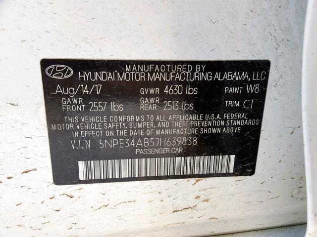 5NPE34AB5JH639838 - 2018 HYUNDAI SONATA SPO WHITE photo 10