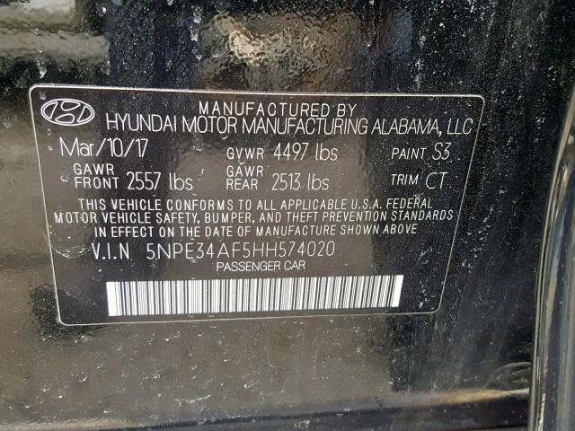 5NPE34AF5HH574020 - 2017 HYUNDAI SONATA SPO BLACK photo 10