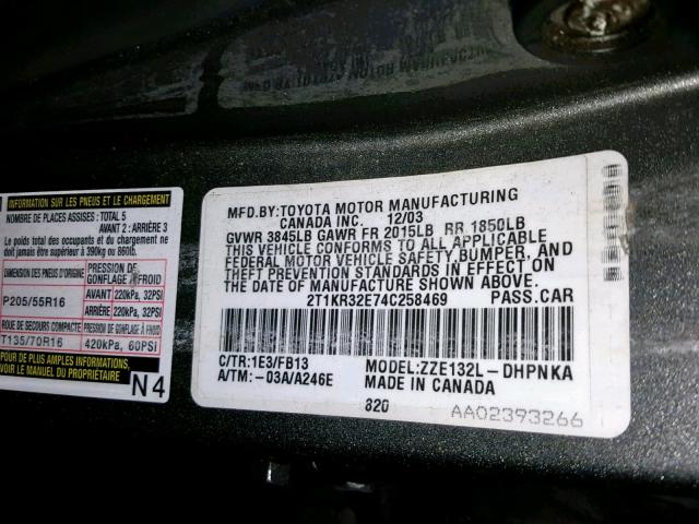 2T1KR32E74C258469 - 2004 TOYOTA MATRIX XR GRAY photo 10