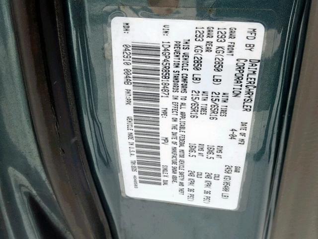 1D4GP45R85B184871 - 2005 DODGE CARAVAN SX GREEN photo 10