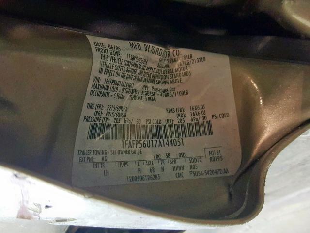 1FAFP56U17A144051 - 2007 FORD TAURUS SEL TAN photo 10