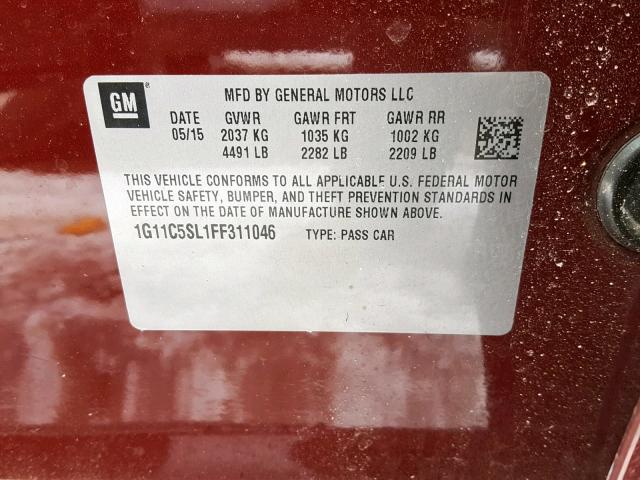 1G11C5SL1FF311046 - 2015 CHEVROLET MALIBU 1LT MAROON photo 10