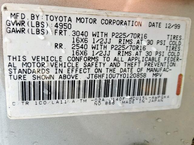 JT6HF10U7Y0120858 - 2000 LEXUS RX 300 SILVER photo 10