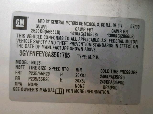 3GYFNFEY8AS501705 - 2010 CADILLAC SRX PREMIU SILVER photo 10