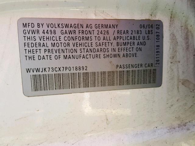 WVWJK73CX7P018892 - 2007 VOLKSWAGEN PASSAT WHITE photo 10