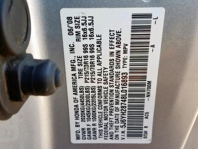 5J6YH28748L016893 - 2008 HONDA ELEMENT EX SILVER photo 10