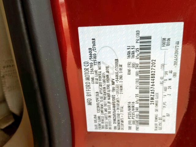 2FMZA57644BB27202 - 2004 FORD FREESTAR S RED photo 10