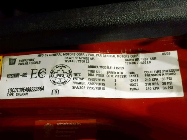 1GCDT39E488223664 - 2008 CHEVROLET COLORADO L RED photo 10