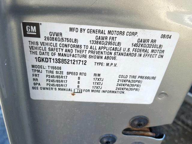 1GKDT13S852121712 - 2005 GMC ENVOY SILVER photo 10