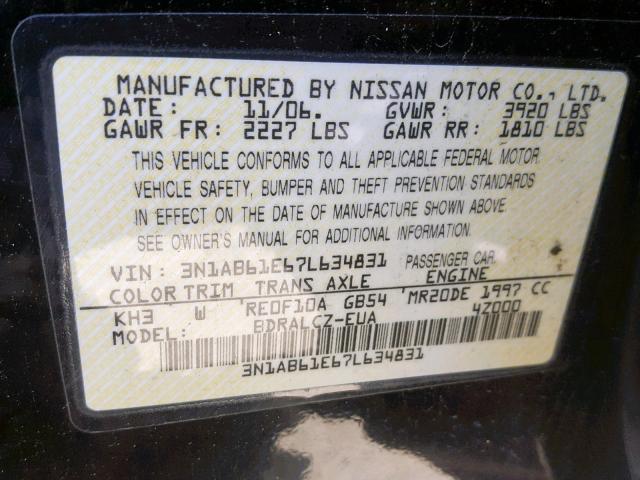 3N1AB61E67L634831 - 2007 NISSAN SENTRA 2.0 BLACK photo 10