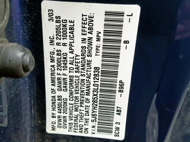 5J6YH285X3L012838 - 2003 HONDA ELEMENT EX BLUE photo 10