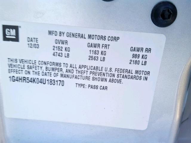 1G4HR54K04U183170 - 2004 BUICK LESABRE LI SILVER photo 10