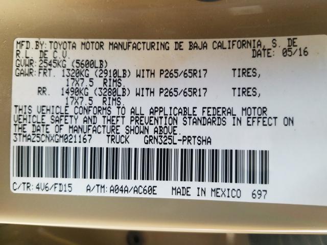 3TMAZ5CNXGM021167 - 2016 TOYOTA TACOMA DOUBLE CAB  照片 10