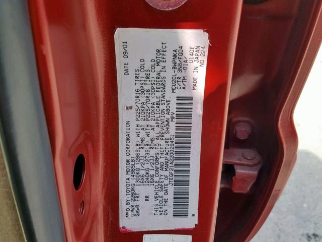 JTEGF21A220029451 - 2002 TOYOTA HIGHLANDER RED photo 10