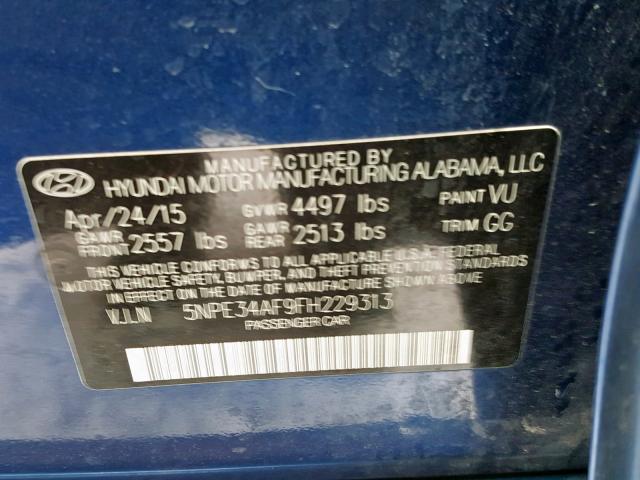 5NPE34AF9FH229313 - 2015 HYUNDAI SONATA SPO BLUE photo 10