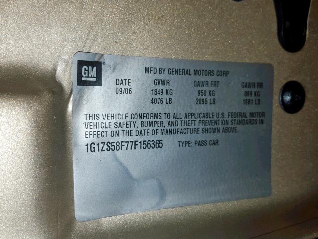 1G1ZS58F77F156365 - 2007 CHEVROLET MALIBU LS GOLD photo 10