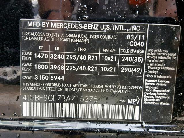 4JGBF8GE7BA715275 - 2011 MERCEDES-BENZ GL 550 4MA BLACK photo 10