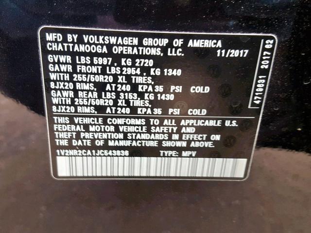 1V2NR2CA1JC543836 - 2018 VOLKSWAGEN ATLAS SEL Qara foto 10