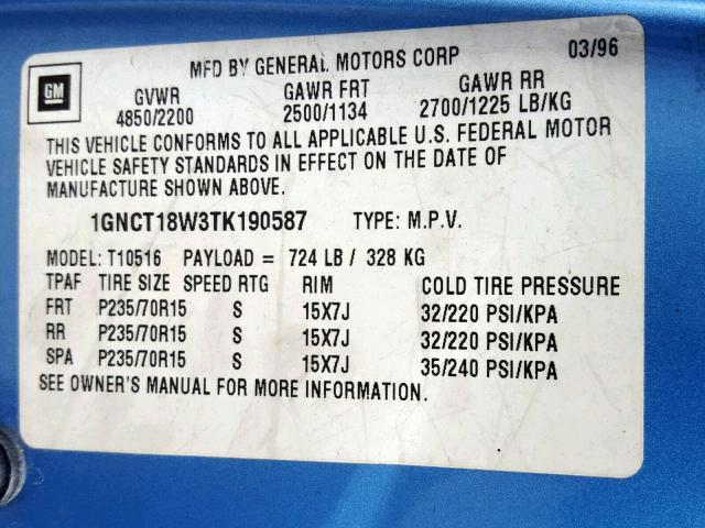 1GNCT18W3TK190587 - 1996 CHEVROLET BLAZER BLUE photo 10