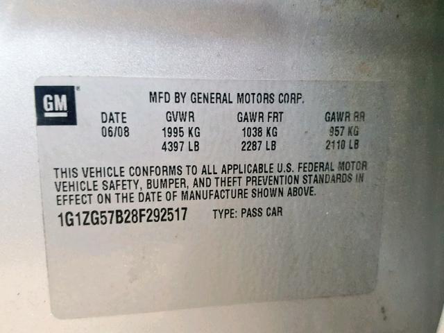 1G1ZG57B28F292517 - 2008 CHEVROLET MALIBU LS GRAY photo 10