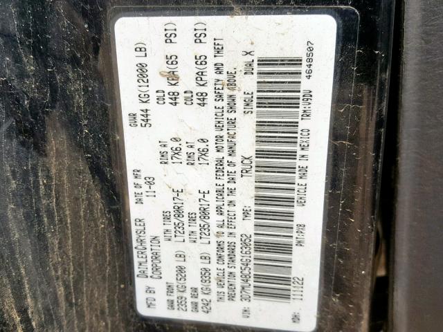 3D7MU48C54G163052 - 2004 DODGE RAM 3500 S BLACK photo 10