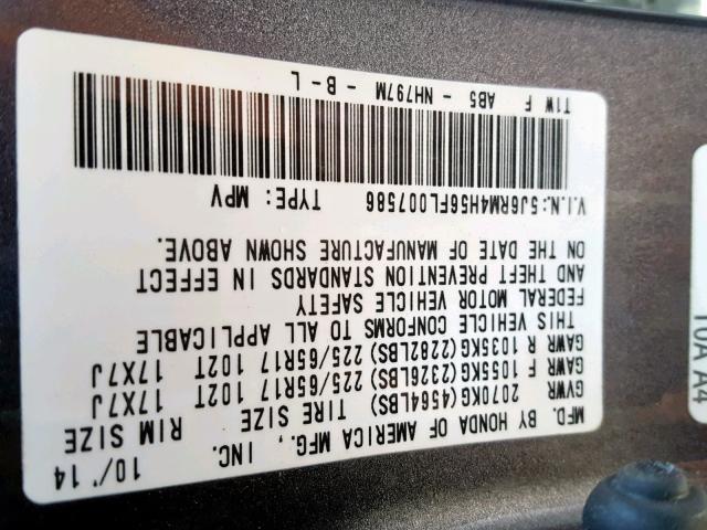 5J6RM4H56FL007586 - 2015 HONDA CR-V EX ნაცრისფერი ფოტო 10