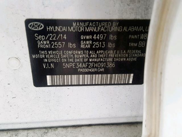 5NPE34AF2FH091386 - 2015 HYUNDAI SONATA SPO WHITE photo 10