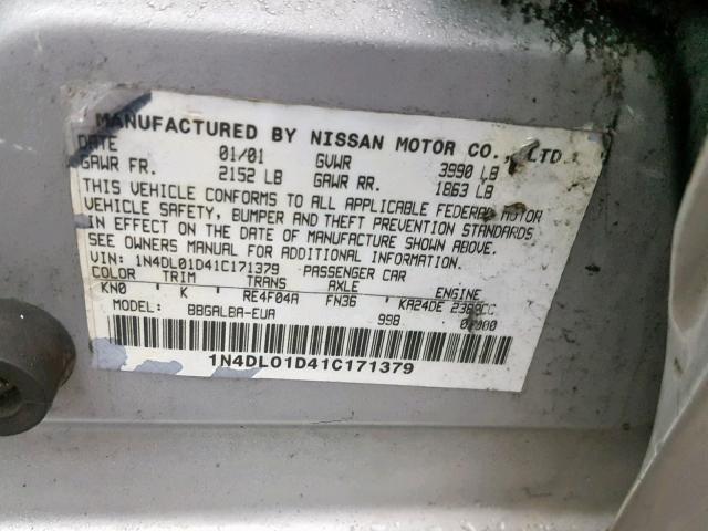 1N4DL01D41C171379 - 2001 NISSAN ALTIMA XE SILVER photo 10