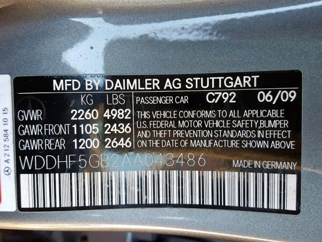 WDDHF5GB2AA043486 - 2010 MERCEDES-BENZ E 350 GRAY photo 10