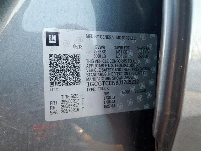 1GCGTCEN8J1285232 - 2018 CHEVROLET COLORADO L GRAY photo 10