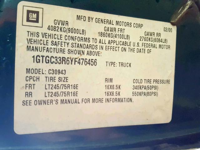 1GTGC33R6YF476456 - 2000 GMC SIERRA C35 GREEN photo 10