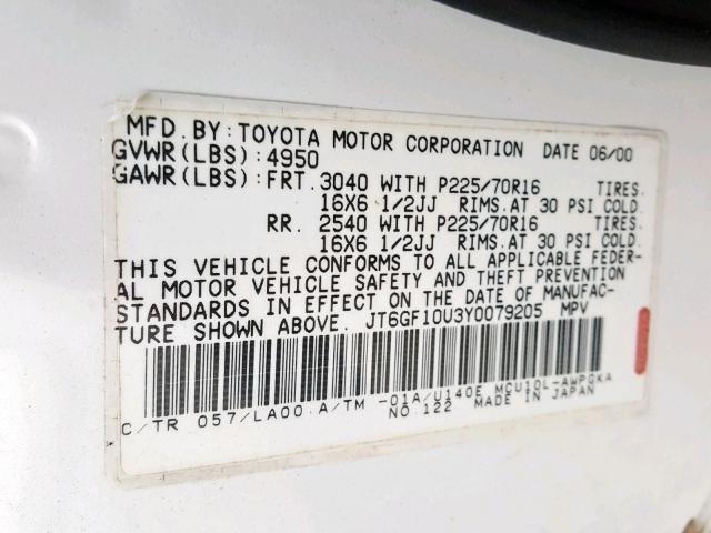 JT6GF10U3Y0079205 - 2000 LEXUS RX 300 WHITE photo 10