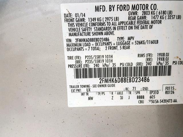 2FMHK6D88EBD23486 - 2014 FORD FLEX LIMIT SILVER photo 10