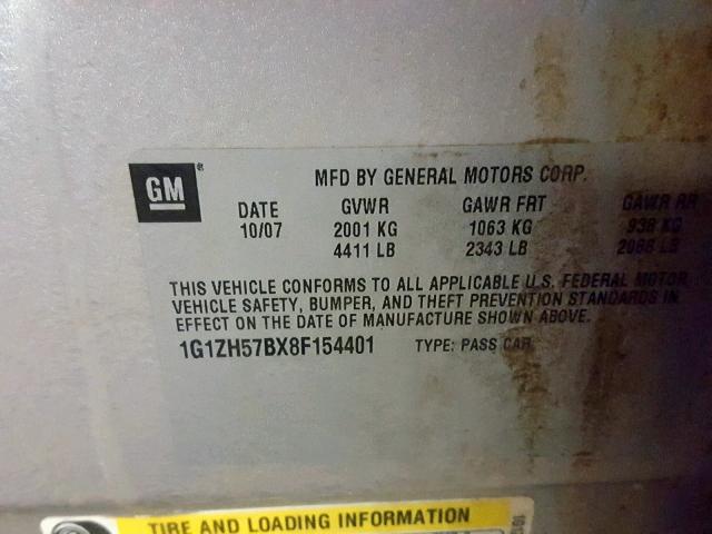 1G1ZH57BX8F154401 - 2008 CHEVROLET MALIBU 1LT SILVER photo 10