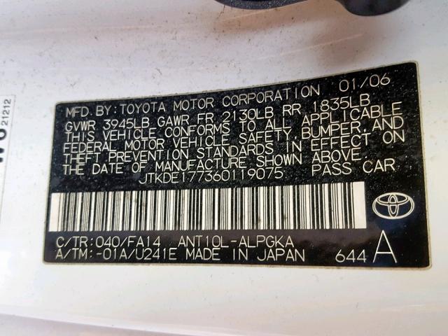 JTKDE177360119075 - 2006 TOYOTA SCION TC 白色 照片 10