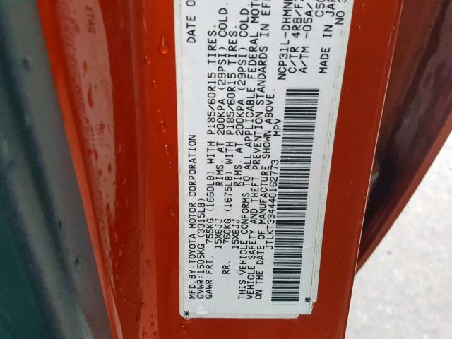 JTLKT334440162773 - 2004 TOYOTA SCION XB ORANGE photo 10